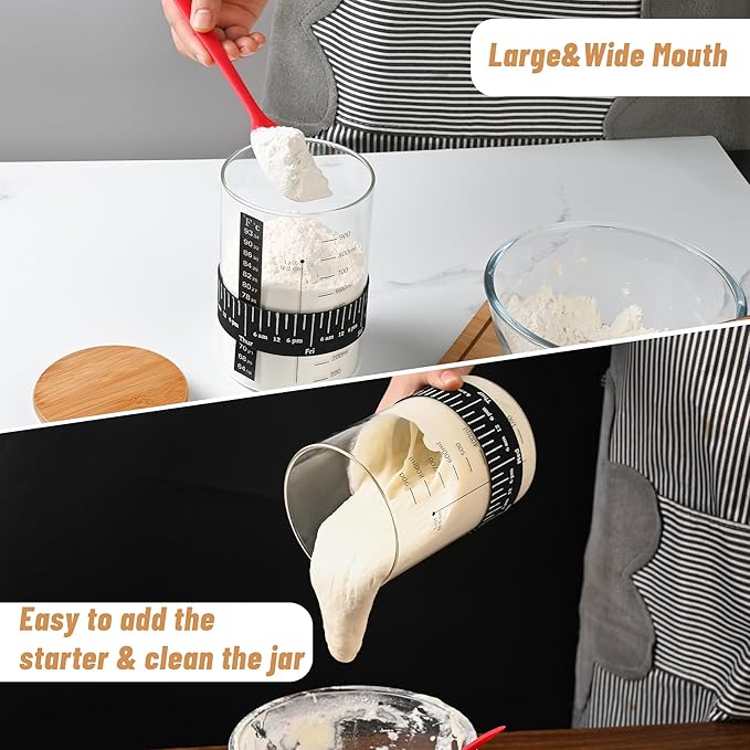 Xileanalee Pro Sourdough Starter Jar Kit- 35 Oz Large Sourdough Starter Glass Jar with Date Marked Feeding Band,Thermometer,Spatula,Cloth Cover& Lid for Sour Dough Bread Loaf