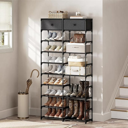 Tall Shoe Rack, 10 Tier Shoe Rack Organizer with 2 Large Drawers, Shoe Storage for 36-40 Pairs, Sturdy Metal Shoe Shelf Shoe Stand for Closet Entryway, Black Grey