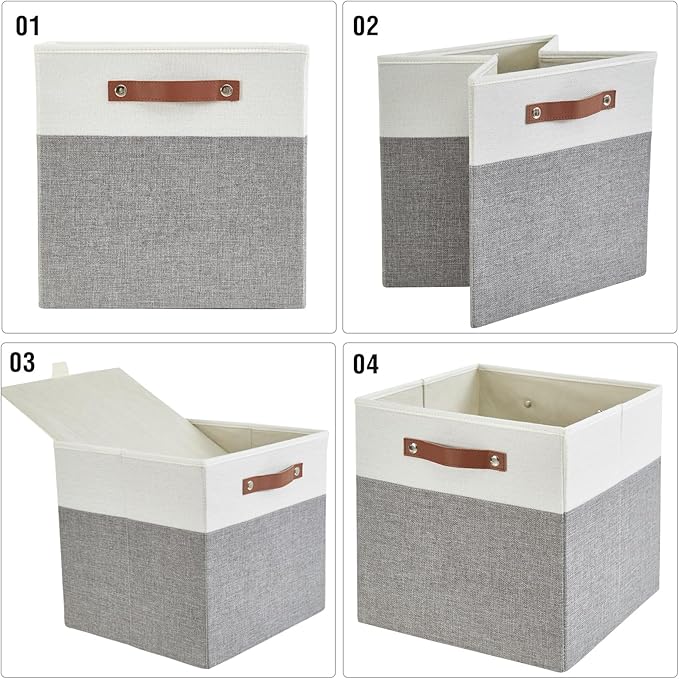 Bagnizer Collapsible Fabric Storage Cube Bins with 2 Reinforced PU Handles, Foldable Storage Organizer Baskets for Closet, Shelves, Living Room | 11"x11"x11", 4 Pack, Gray & White
