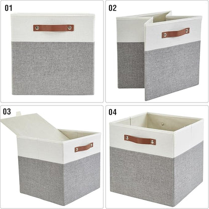 Bagnizer Collapsible Fabric Storage Cube Bins with 2 Reinforced PU Handles, Foldable Storage Organizer Baskets for Closet, Shelves, Living Room | 11"x11"x11", 4 Pack, Gray & White