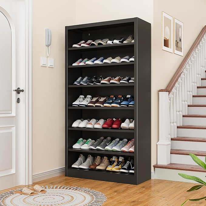 OSEILLC 7-Tier Heavy Duty Storage Shoe Rack,Large Sturdy Shoe Cabinet,Adjustable Shelving Unit with Back Panel for Home, Office & Garage Use - 55" Tall Metal Organizer (Black, 7 Tier-55 H*27.6W)