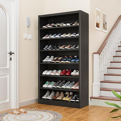 OSEILLC 7-Tier Heavy Duty Storage Shoe Rack,Large Sturdy Shoe Cabinet,Adjustable Shelving Unit with Back Panel for Home, Office & Garage Use - 55" Tall Metal Organizer (Black, 7 Tier-55 H*27.6W)