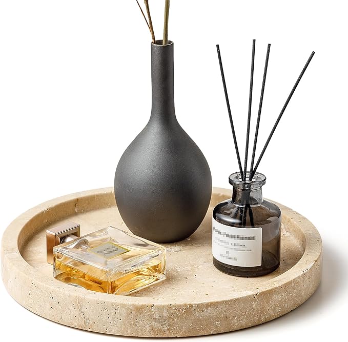 Natural Marble Vanity Tray for Bathroom Kitchen Dresser, Travertine Stone Decorative Trays for Jewelry, Perfume, Cosmetic, Candle, Round Countertop Storage Organizer for Home Decor Beige (WH019)