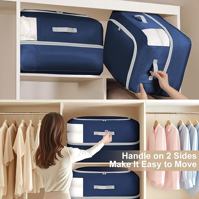 Comforter Storage Bag - 110L Large Capacity Blanket Storage Bags Ultra Space Saving Self Compression Organizer, Washable Compression Bags for Storage Comforter Blanket, 6-Pack, Navy Blue