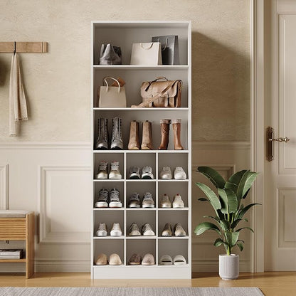 LITTLE TREE Tall Shoe Cabinet, Free Standing 24-Pair Organizer, 7-Tier Shelf + Side Hooks, Space-Saving Storage for Entryway, Hallway, for Shoes, Boots & Accessories, (2, White)