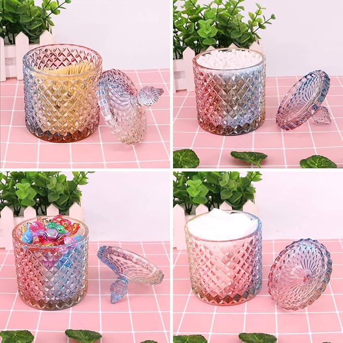 Colorful Home Decorative Jar Qtips Holder Dispenser Glass Storage Container Bathroom Counter Vanity Organizer for Bath Salts/Swabs/Rounds Makeup Sponges Toothpick Jewelry(Rainbow, 10 oz)