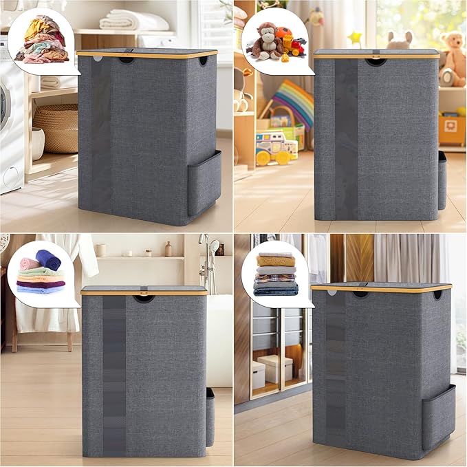 BlissTotes Laundry Basket with Lid, 150L Clothes Laundry Hamper with Handles and 2 Removable Laundry Bag, Breathable Design Hamper with Lid for Bedroom, Bathroom, Dorm, Laundry Room - Light Grey