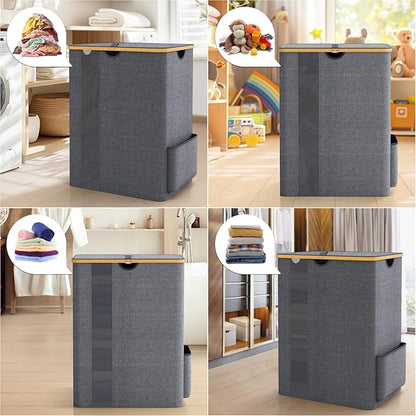 BlissTotes Laundry Basket with Lid, 150L Clothes Laundry Hamper with Handles and 2 Removable Laundry Bag, Breathable Design Hamper with Lid for Bedroom, Bathroom, Dorm, Laundry Room - Light Grey