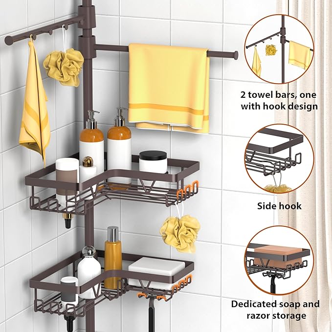 KEGII Shower Caddy Tension Pole with 2 Towel Bars, Adjustable Corner Bathroom Organizer, Rustproof Bathtub Storage Shelves for Shampoo, 25–114.2 Inch Shower Corner Rack for Renters & Family, Bronze