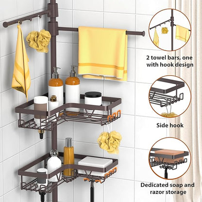 KEGII Shower Caddy Tension Pole with 2 Towel Bars, Adjustable Corner Bathroom Organizer, Rustproof Bathtub Storage Shelves for Shampoo, 25–114.2 Inch Shower Corner Rack for Renters & Family, Bronze