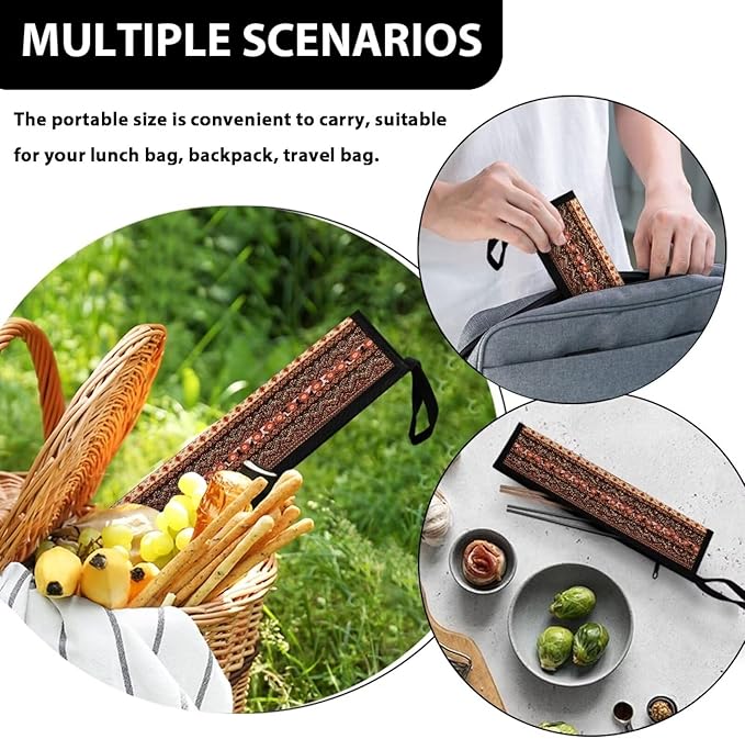 Ethnic Tribal Portable Travel Straw Tableware Storage Bag with Handle Cutlery Carrying Case Reusable Party Flatware Organizer for Chopsticks, Toothbrush