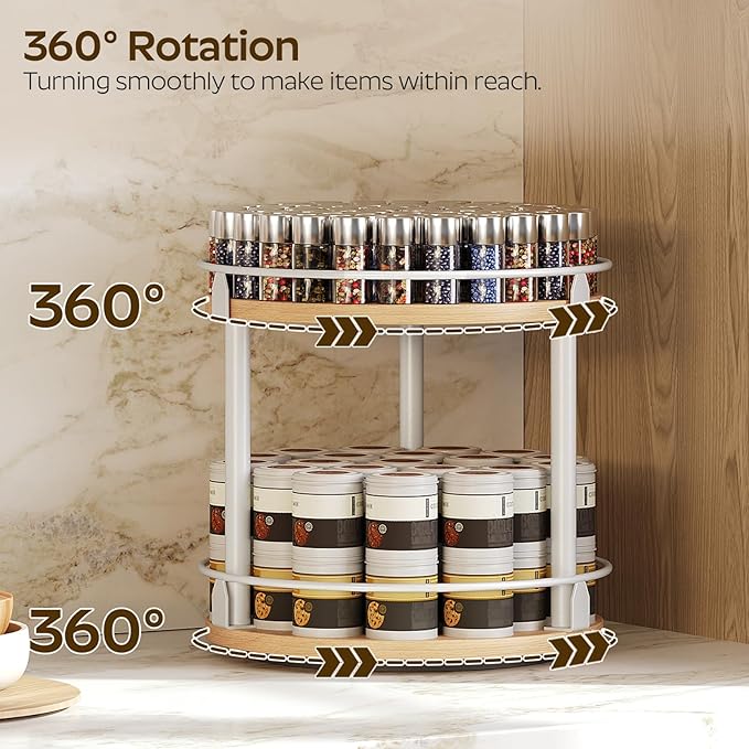 YATINEY Lazy Susan Organizer, Rotating Spice Rack, 2 Tier Spice Turntable Organizer, Industrial Turntable Spice Holder, for Kitchen Countertop, Compact and Versatile, White and Natural SR22WN