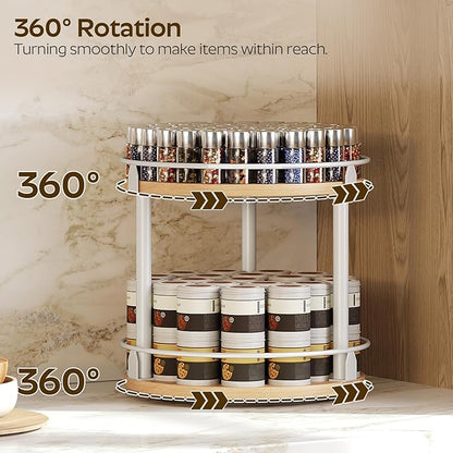 YATINEY Lazy Susan Organizer, Rotating Spice Rack, 2 Tier Spice Turntable Organizer, Industrial Turntable Spice Holder, for Kitchen Countertop, Compact and Versatile, White and Natural SR22WN