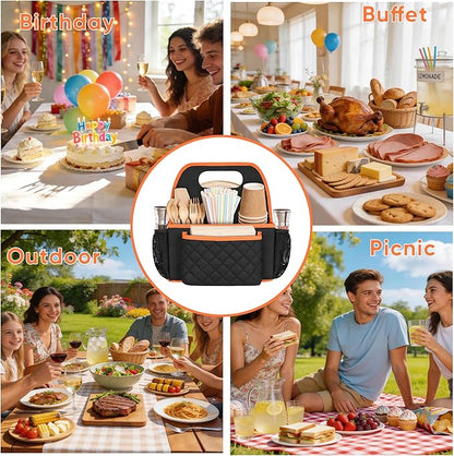 CROTIRAD Foldable Utensil Holder for Party with 9 Compartments, Paper Plate Organizer for Countertop with Top Handle, Buffet Silverware Utensil Caddy for Plate Cup Fork Spoon Napkin, Black