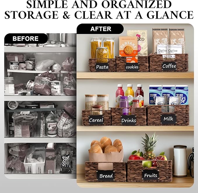 Set of 4 Sizes Hand-Woven Pantry Shelf Baskets, Hyacinth Storage Baskets with Chalkboard Labels & 2 Chalk Markers, Wicker Nestable Basket Set for Organizing Pantry Kitchen Laundry Shelves (Brown)