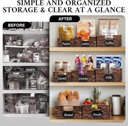 Set of 4 Sizes Hand-Woven Pantry Shelf Baskets, Hyacinth Storage Baskets with Chalkboard Labels & 2 Chalk Markers, Wicker Nestable Basket Set for Organizing Pantry Kitchen Laundry Shelves (Brown)