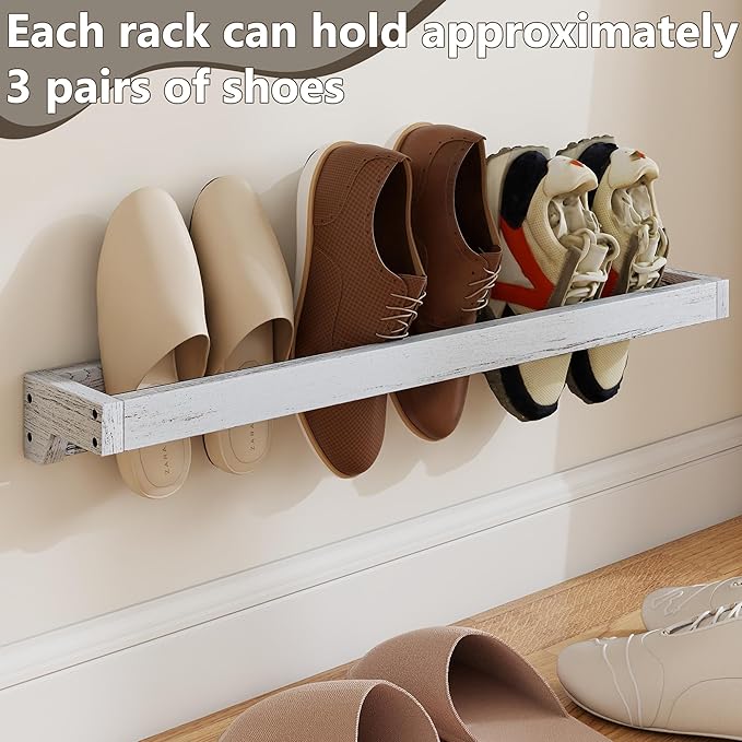 Nisorpa 30 Inch Shabby White Washed Wood Hanging Shoe Rack, Wall Mounted Shoe Rack Storage Organizer Space Saving Footwear Holder for Closet, Mudroom, Entryway, Holds 12 Pairs, Set of 4