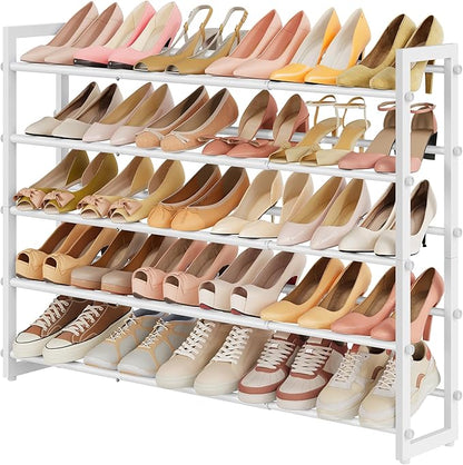 FAVOOSTY 5-Tier Expandable Shoe Rack, Adjustable Shoe Shelf Storage Organizer Space Saving Metal Free Standing Shoe Rack for Entryway Closet Doorway, Silver Grey (White, 5 Tier)