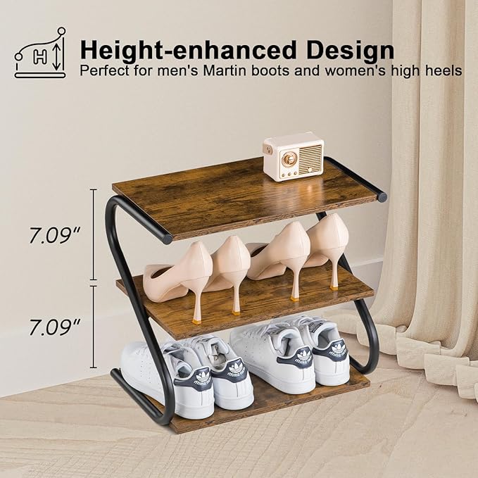 Small 3-Tier Shoe Rack Organizer, S-Shaped Wooden Shoe Shelf with Durable Metal Shelves, Free Standing Shoe Storage for Entryway, Hallway, Living Room, Closet, Bedroom (17.2”), Rustic Brown