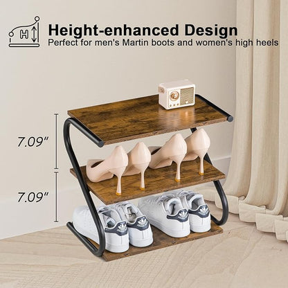 Small 3-Tier Shoe Rack Organizer, S-Shaped Wooden Shoe Shelf with Durable Metal Shelves, Free Standing Shoe Storage for Entryway, Hallway, Living Room, Closet, Bedroom (17.2”), Rustic Brown
