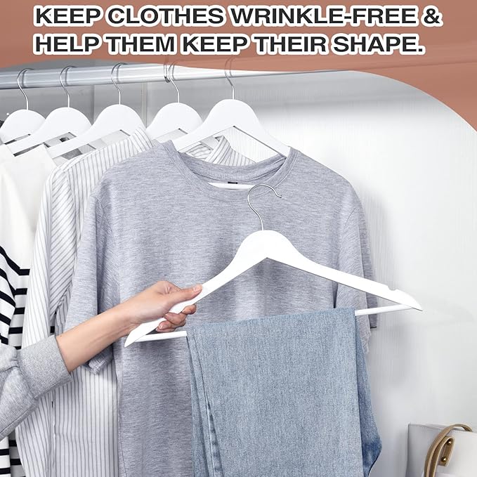 FairyHaus Wooden Hangers 30 Pack White, Slim Wood Coat Suits Hanger with 360° Swivel Hook, Notches and Pants Bar, Smooth Finish and Lightweight for Closet Clothes