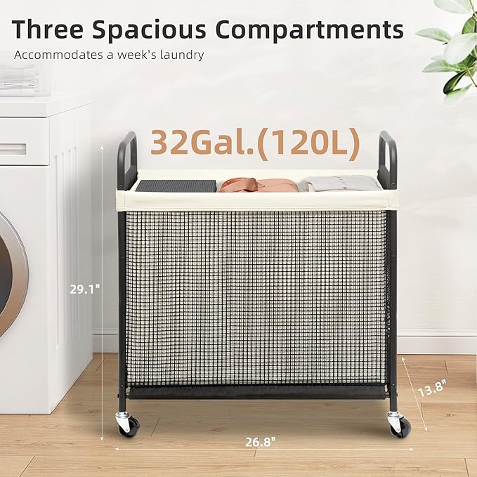 STORAGE MANIAC Rolling Laundry Hamper with Wheels 3-Section Laundry Sorter Rolling Laundrys Basket on Wheels with Removable Bag Clothes Hamper Laundrys Organizer Cart Bathroom Bedroom 120L Beige