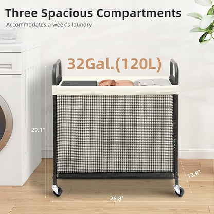STORAGE MANIAC Rolling Laundry Hamper with Wheels 3-Section Laundry Sorter Rolling Laundrys Basket on Wheels with Removable Bag Clothes Hamper Laundrys Organizer Cart Bathroom Bedroom 120L Beige