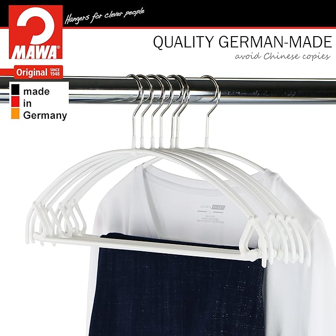 Mawa by Reston Lloyd Euro Ultra Light/Thin Series, Non-Slip Space Saving Clothes Hanger with Bar & Hook for Pants and Skirts, Style 42/PTU, Set of 2, White