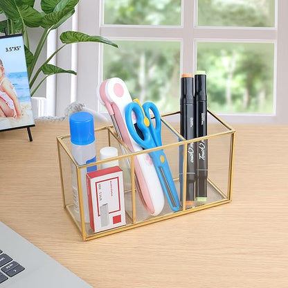 ELEGANTLIFE Clear Glass Makeup Brush Organizer,Luxurious Tempered Glass Cosmetics Brushes Storage Holder for Refined Bathroom Decor (Gold, 3 Sections)