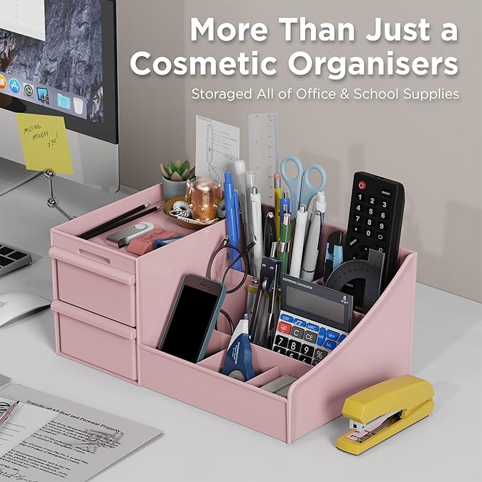 DancesCat Pink&2 Drawers Makeup Organizer Countertop, Vanity Organizer with 7 Compartments and 2 Drawers for Cosmetics, Skincare, Brushes, Perfume, Bathroom Counter Organizer