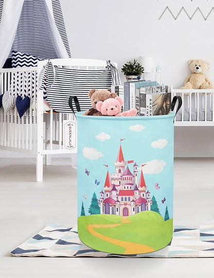 QUEENLALA Large Storage Basket,Laundry Hamper/Bathroom/Home Decor/Collapsible Round Storage Bin,Boys and Girls Hamper/Boxes/Clothing(Round-Forest Castle)