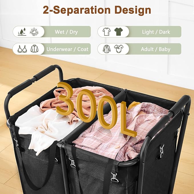 Hoctieon 2 Section Laundry Sorter Cart, 300L Rolling Hamper with Wheels, Industrial Laundry Basket Organizer, Large Dirty Clothes Hamper for Home & Hotel, Heavy Duty, Black