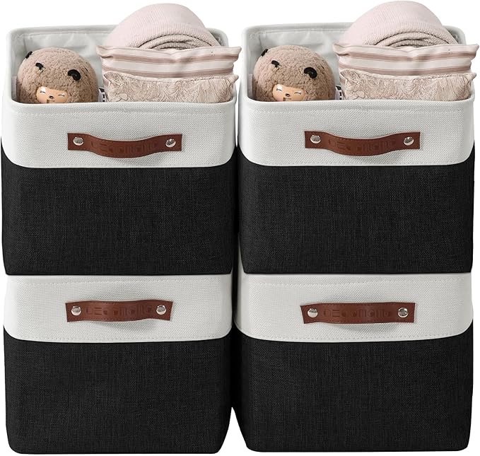 DECOMOMO Storage Bins, Large Fabric Storage Baskets for Shelves, Decorative Linen Closet Organizer, 15 x 11 x 9.5 inches (Black & White, 4 Pack)