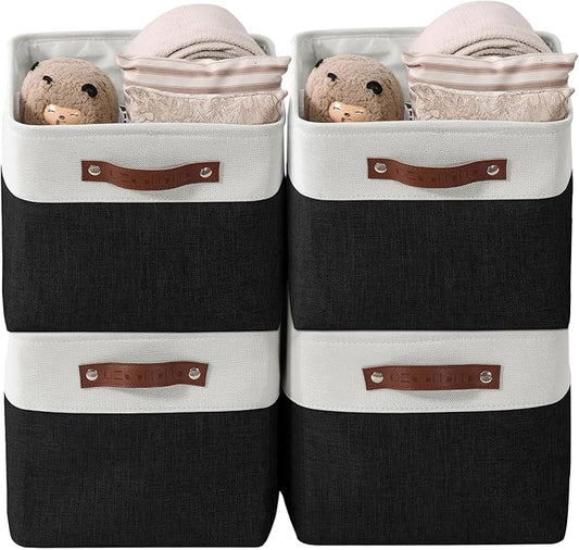 DECOMOMO Storage Bins, Large Fabric Storage Baskets for Shelves, Decorative Linen Closet Organizer, 15 x 11 x 9.5 inches (Black & White, 4 Pack)