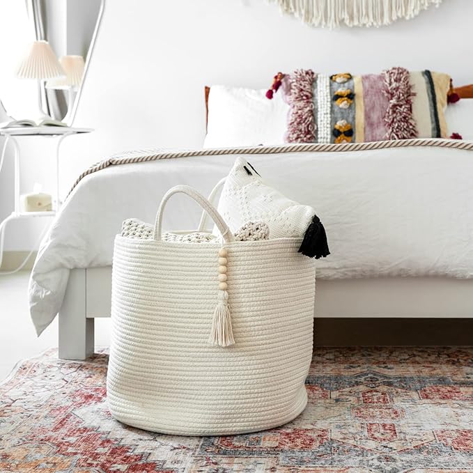 Mkono Woven Storage Basket Decorative Natural Rope Basket Wooden Bead Decoration for Blankets,Toys,Clothes,Shoes,Plant Organizer Bin with Handles Living Room Home Decor, White, 16" W × 13.8"L
