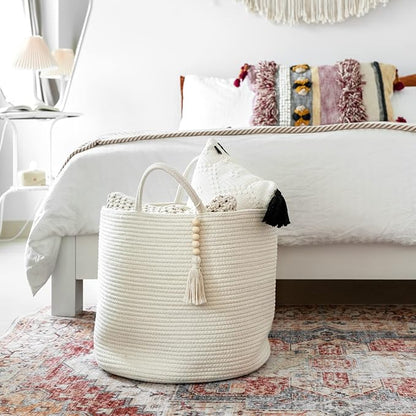 Mkono Woven Storage Basket Decorative Natural Rope Basket Wooden Bead Decoration for Blankets,Toys,Clothes,Shoes,Plant Organizer Bin with Handles Living Room Home Decor, White, 16" W × 13.8"L