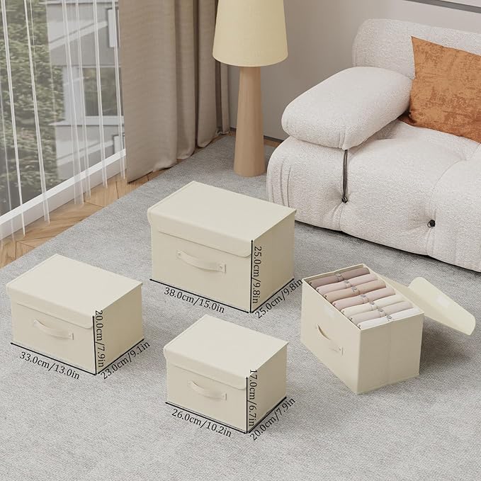 Fabric Storage Bins Cube Organizers with Flip-Top Lid and Handles,Storage Boxes for Organizing Home,Office,and Closet,Beige,3 Pack 13X9.1X7.9 in