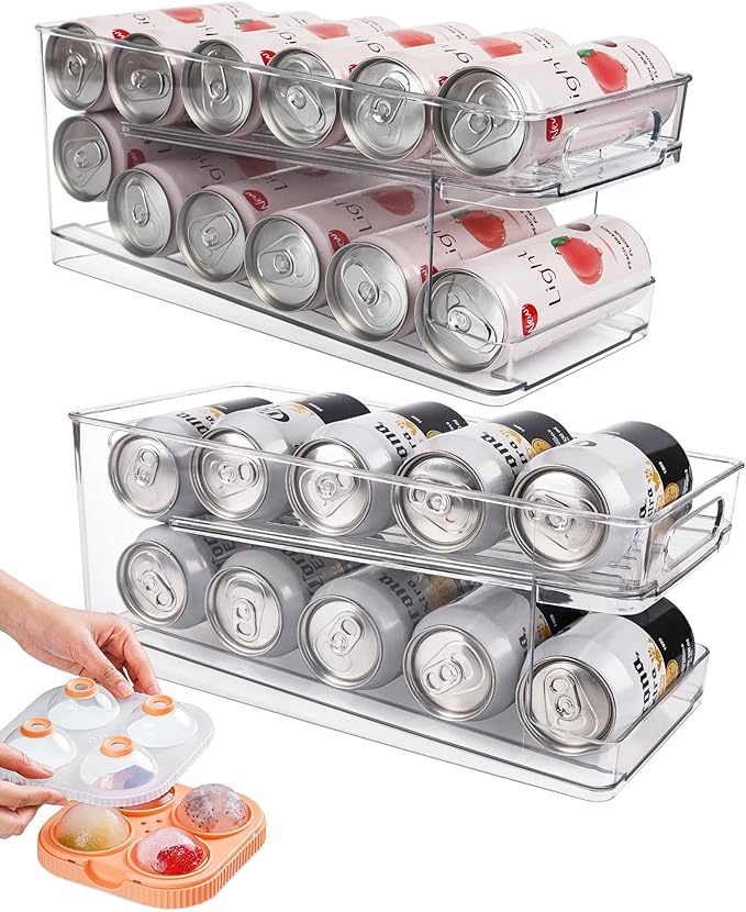 2 Pack Rolling Soda Can Dispenser for Refrigerator with 1 Pack Ice Ball Maker, Pantry Organization and Storage 2-Layer Beverage Holder for Fridge, Clear