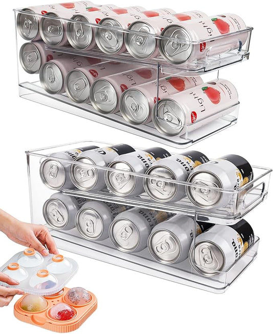 2 Pack Rolling Soda Can Dispenser for Refrigerator with 1 Pack Ice Ball Maker, Pantry Organization and Storage 2-Layer Beverage Holder for Fridge, Clear