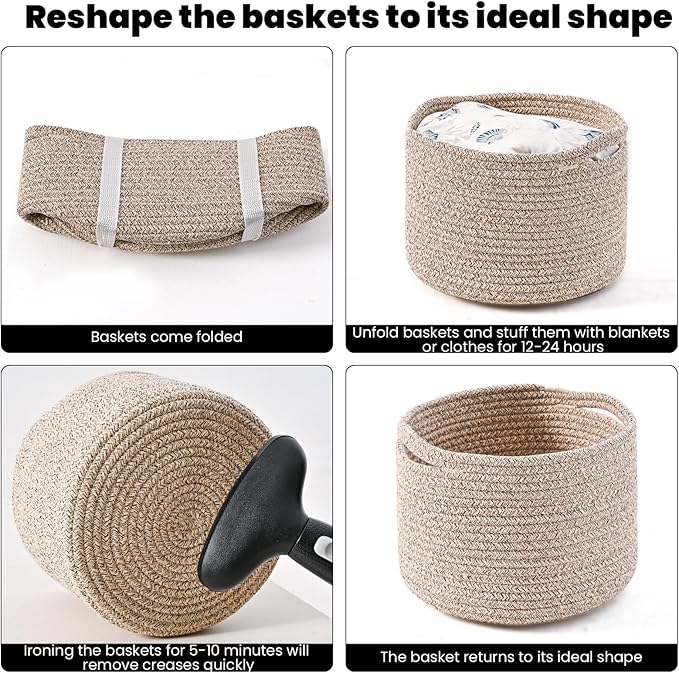 ICERZCZ Small Storage Baskets for Organizing, Organizer Baskets for Shelves, Small Woven Basket for Storage, Cute Cotton Rope Basket for Gifts Empty, 9.7"×9.7"×7" (3 Packs) Brown