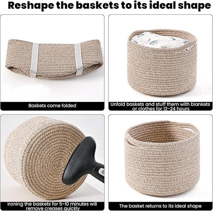 ICERZCZ Small Storage Baskets for Organizing, Organizer Baskets for Shelves, Small Woven Basket for Storage, Cute Cotton Rope Basket for Gifts Empty, 9.7"×9.7"×7" (3 Packs) Brown