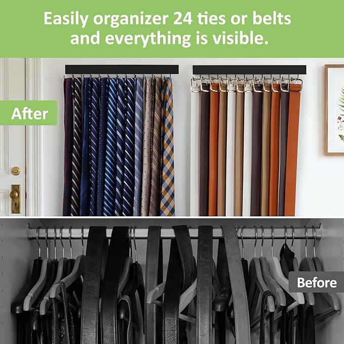 2 Pack Tie Hanger Wall Mounted, Wooden Tie Rack Belt Hanger with 24 Non Slip 180° Rotating Hooks, Belt Organizer Space Saving Tie Hanger for Closet, Tie Holder & Tie Organizer, Black