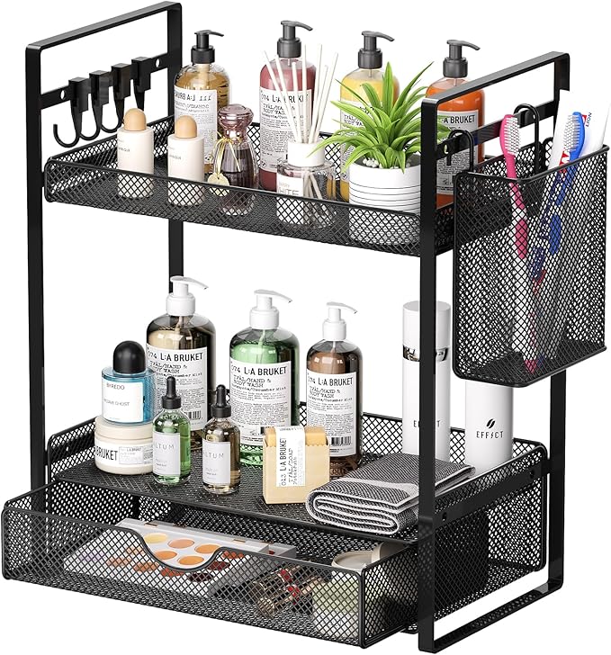 VITVITI 2 Tier Bathroom Organizer Countertop with Drawer, Metal Mesh Bathroom Counter Vanity Organizer Storage, Bath Room Sink Kitchen Spice Rack with Basket Hooks, Black