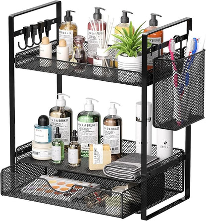 VITVITI 2 Tier Bathroom Organizer Countertop with Drawer, Metal Mesh Bathroom Counter Vanity Organizer Storage, Bath Room Sink Kitchen Spice Rack with Basket Hooks, Black
