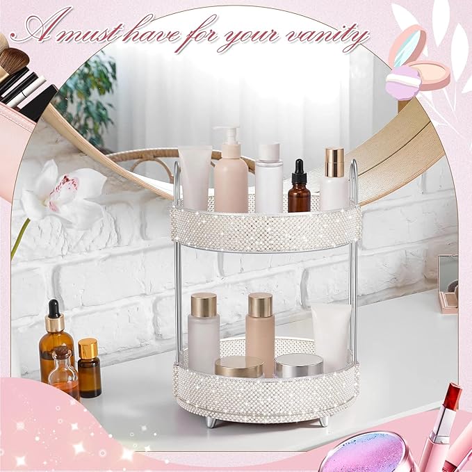 Honeydak 360 Rotating Perfume Organizer for Mother Day Nurse Day Rhinestone Bathroom Counter Organizer Makeup Holder Skincare and Perfume Storage for Cosmetic Countertop(2 Tiers,Pearl,White)