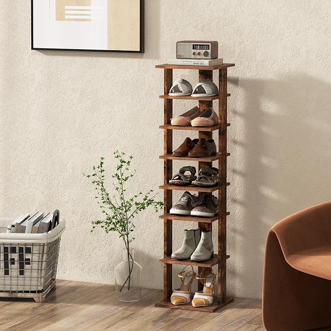 BETTARY 8 Tier Vertical Shoe Rack, Narrow Wooden Corner Shoe Organizer for Small Spaces, Removable Shelves, Anti-toppling Device, Shoe Tower for Entryway, Closet, Bedroom (Rustic Brown, Single Row)