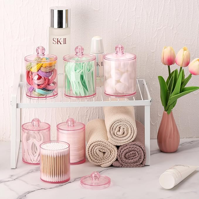 Tbestmax 6 Pack Qtip Holder - 12 oz, 10 oz Bathroom Organizer and Storage Containers, Plastic Apothecary Jars with Lids for Cotton Ball, Cotton Swab, Floss, Pink