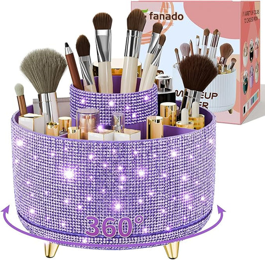 fanado Bling Diamond Makeup Brush Holder, 360° Rotating Makeup Organizer, 5 Slot Make up Brushes Cup for Countertop, Storage for Cosmetics Pen Eyeliner Skincare on the Vanity (Diamond Purple)