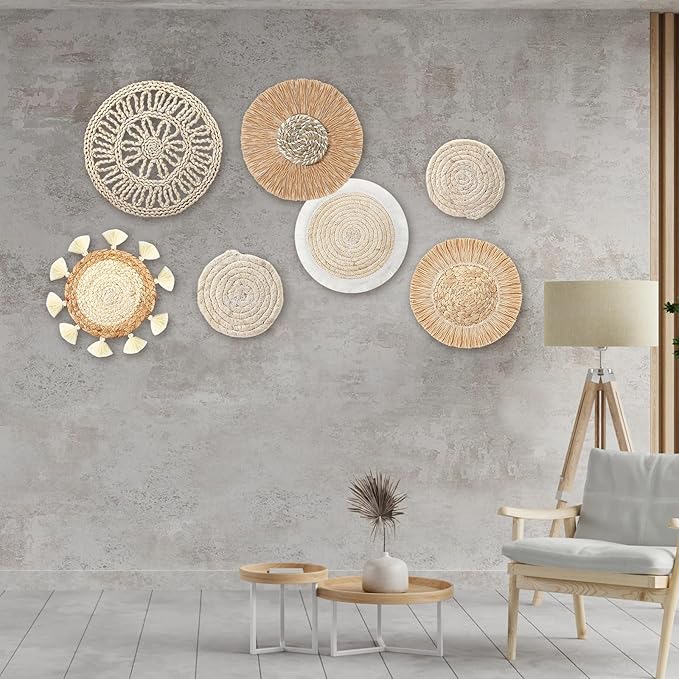 CroBlissful 7 Pcs Boho Wall Basket Decor Hanging Handcrafted Seagrass Woven Round Bohemian Basket Wall Decoration Art for Farmhouse Home Room Rustic Decorations Table, Multi Sizes(Vintage)