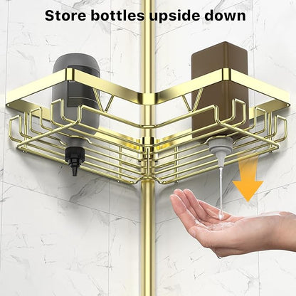 KEGII Corner Gold Shower Caddy Tension Pole - 4-Tier Rustproof Shower Rod Organizer, Floor to Ceiling Tension Rod 25-114.2 inch, Stainless Steel Corner Shower Shelf, Waterproof